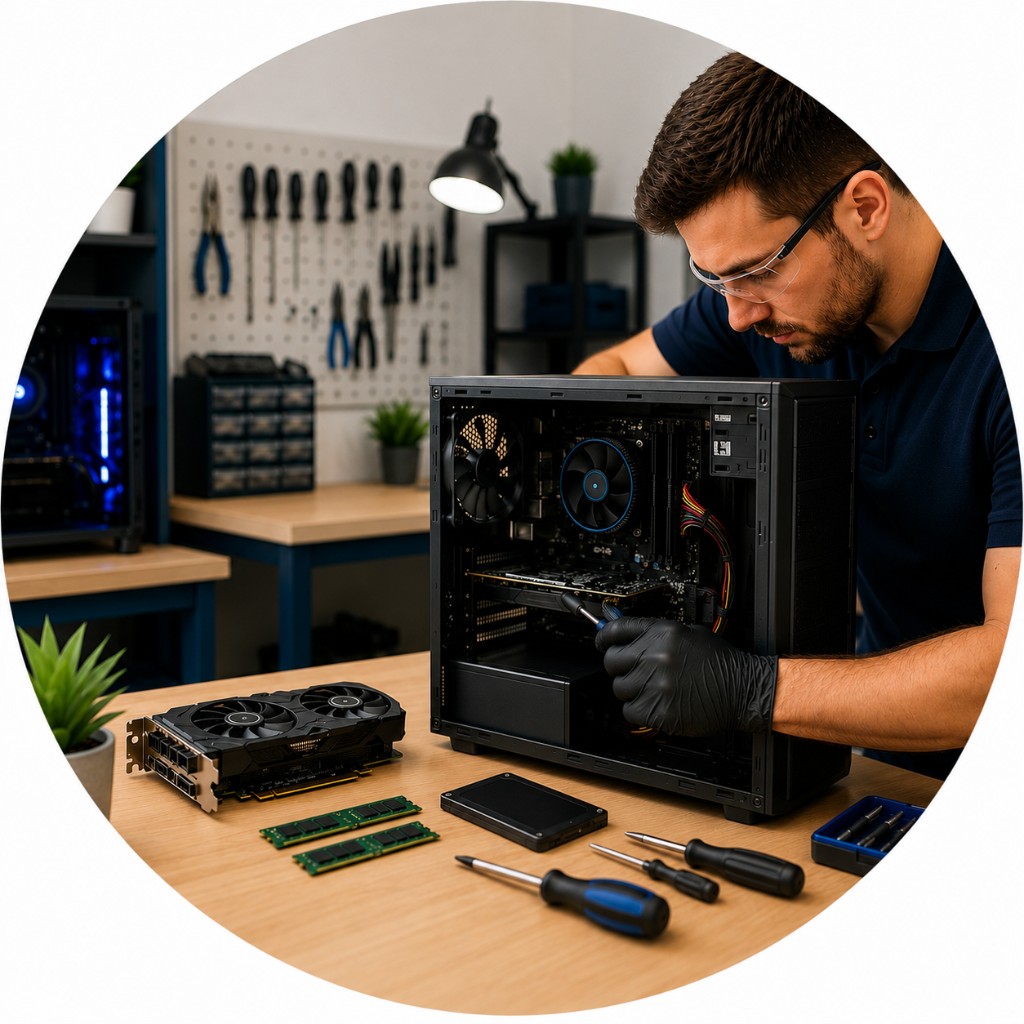 Technician repairing a desktop computer